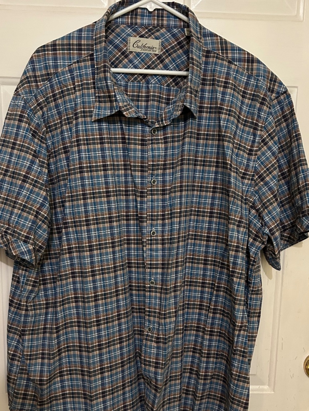 California Shirt Co., Yarn Dye Short Sleeve Woven Shirt, XXXL, Blue/Brown Plaid